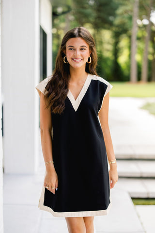 Black & Oatmeal Colorblock V-Neck Mini Dress - Instyle Boutique