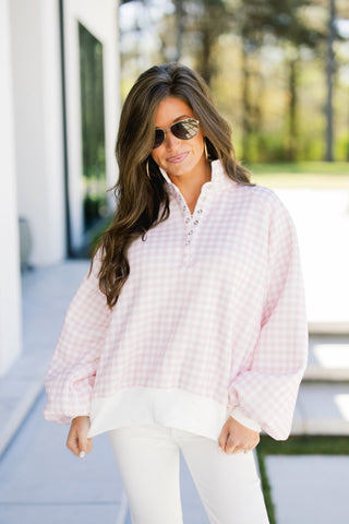 Pink Gingham Snap-Button Pullover