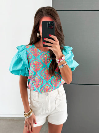 Aqua Tapestry Ruffle Top