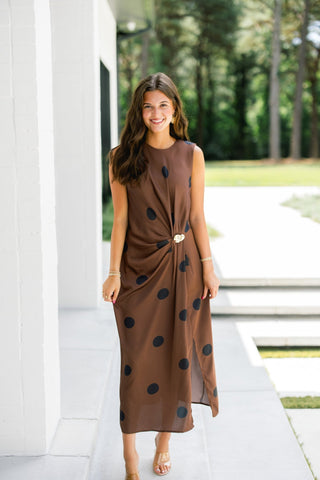 Espresso Dot Draped Midi Dress - Instyle Boutique