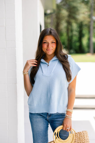 Sky Blue Knit Half - Zip Top - Instyle Boutique
