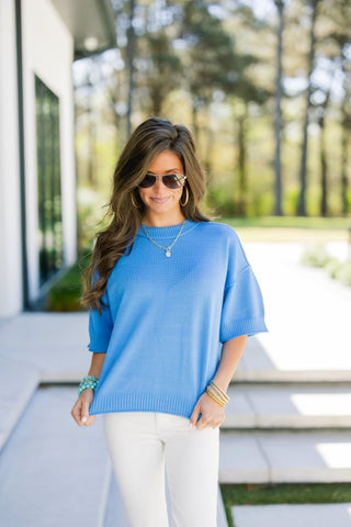 Relaxed Ribbed Knit Cerulean Blue Sweater