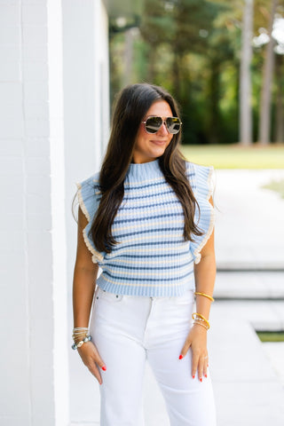Blue Stripe Ruffle Sleeve Sweater Top - Instyle Boutique