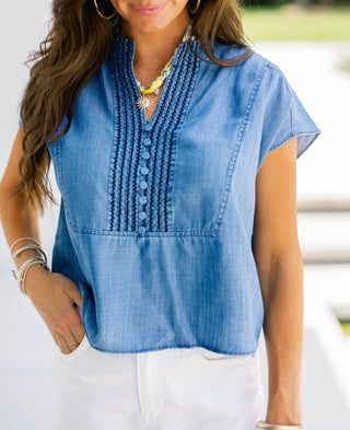 Blue Daydream Embroidered Chambray Top - Instyle Boutique