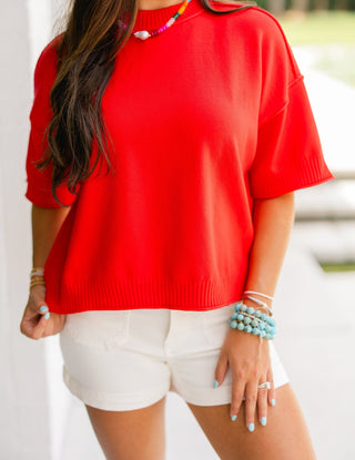 Relaxed Ribbed Knit Red Sweater - Instyle Boutique
