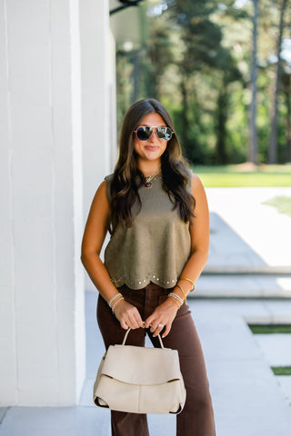Places To Be Olive Studded Suede Top - Instyle Boutique