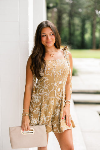 Pick Me Embroidered Romper-Light Brown