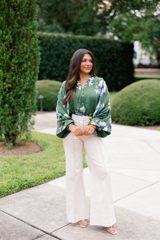 Forest Garden Floral Balloon Sleeve Button Down Top - Instyle Boutique