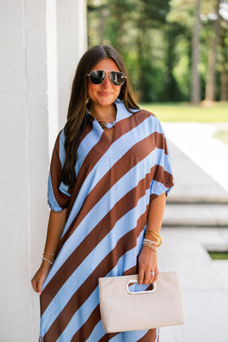 Baby Blue and Brown Striped Dress - Instyle Boutique