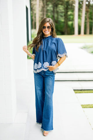 Ever So Sweet Embroidered Top-Navy
