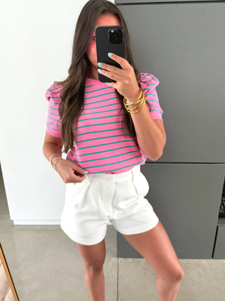 Pink Stripe Puff Shoulder Sweatshirt Top