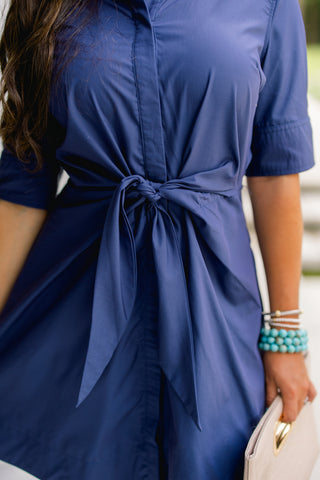 Bow & Order Shirt Dress-Navy
