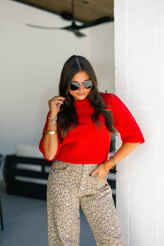 The Red Velvet Puff Sleeve Sweater Top - Instyle Boutique
