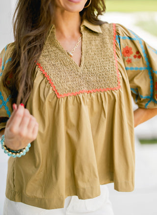 Olive You More Embroidered Smocked Top - Instyle Boutique