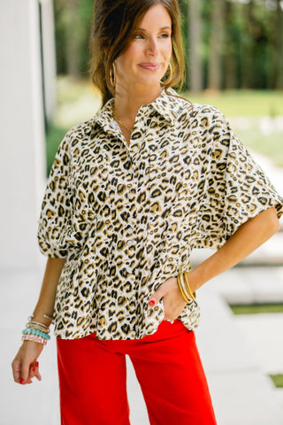 Leopard Print Peplum Button-Down Blouse - Instyle Boutique