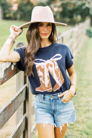 Boots and Bow Navy Sweater