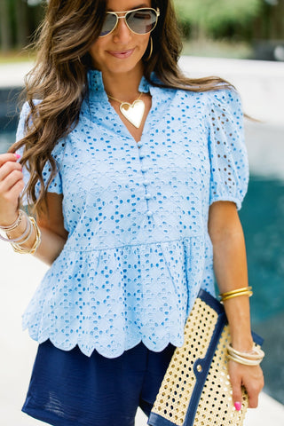 Sweet Frill Eyelet Top - Blue - Instyle Boutique