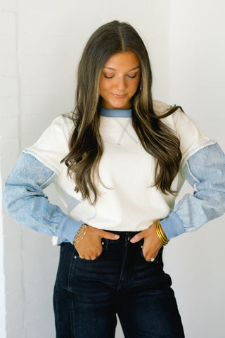 Cream Multi Denim Top - Instyle Boutique