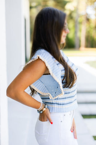Blue Stripe Ruffle Sleeve Sweater Top - Instyle Boutique