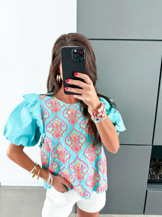 Aqua Tapestry Ruffle Top