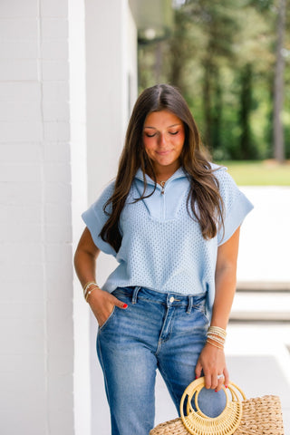 Sky Blue Knit Half - Zip Top - Instyle Boutique
