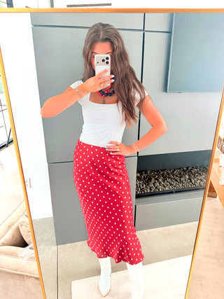 Red Velvet Dot Satin Maxi Skirt - Instyle Boutique
