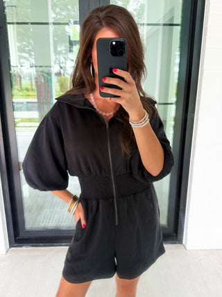 Black Zip-Front Puff Sleeve Romper