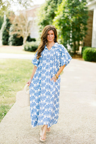 Coastal Smocked Midi Dress – Romantic Puff Sleeve Floral - Instyle Boutique