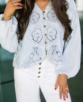 Stay Chic Denim Embroidered Top - Instyle Boutique