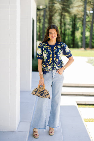 Navy Floral Short Sleeve Sweater Top - Instyle Boutique