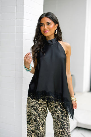 Black Satin Halter Top with Lace Hem - Instyle Boutique