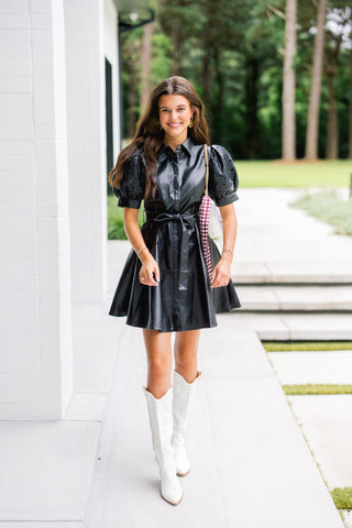 Black Faux Leather Floral Lace Sleeve Mini Dress - Instyle Boutique