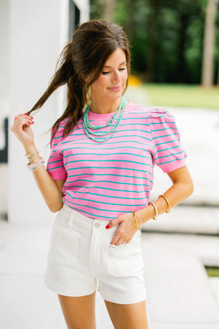 Pink Stripe Puff Shoulder Sweatshirt Top - Instyle Boutique