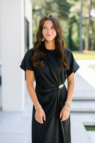 Black Satin Ruched Midi Dress - Instyle Boutique