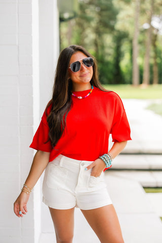 Relaxed Ribbed Knit Red Sweater