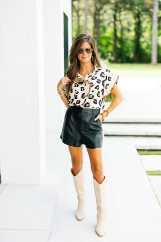 Leopard Print Ruffle Sleeve Button Front Top