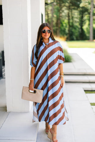 Baby Blue and Brown Striped Dress - Instyle Boutique