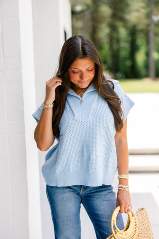 Sky Blue Knit Half - Zip Top - Instyle Boutique