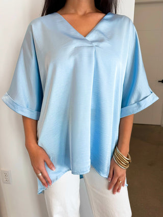 Lucy Cuffed Sleeve Light Blue Top - Instyle Boutique