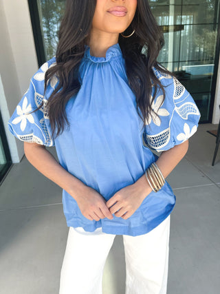 Billowing Blue Bubble Sleeve Top - Instyle Boutique