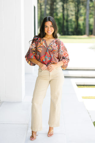 Autumn Muse Printed Blouse-Brown