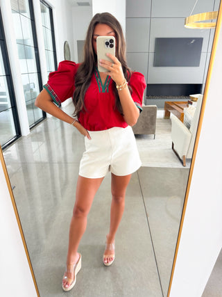 Red Puff Sleeve Blouse with Plaid Trim