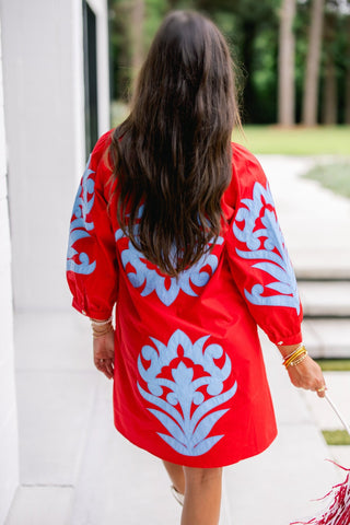 Red Embroidered Ruffle Neck Mini Dress - Instyle Boutique