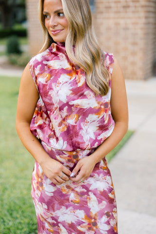 The Made You Look Mauve Floral Satin Midi Skirt - Instyle Boutique