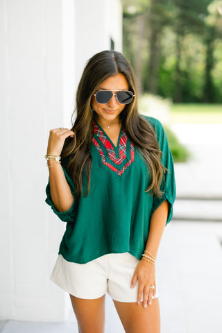 Green Dolman Sleeve Top with Red Plaid Trim