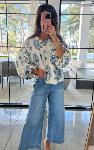 Carla Cream and Blue Printed Top - Instyle Boutique