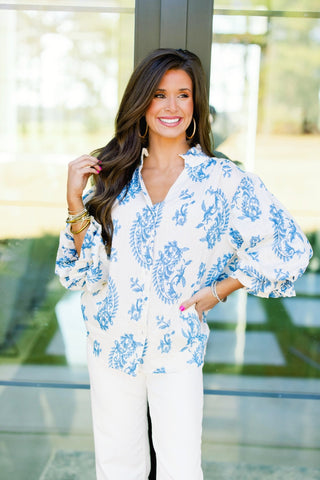 Carla Cream and Blue Printed Top - Instyle Boutique