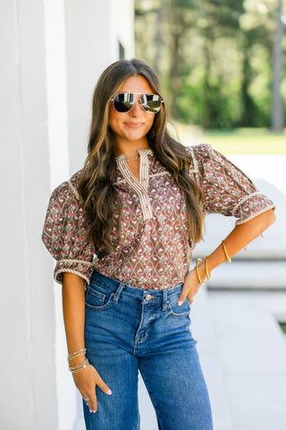 Delilah Dainty Floral Top- Brown