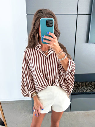 Cabana Stripe Drama Sleeve Button-Down Top - Instyle Boutique
