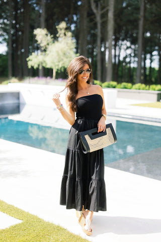 Midnight Tier Strapless Midi Dress | Black Smocked Maxi  Instyle Boutique
